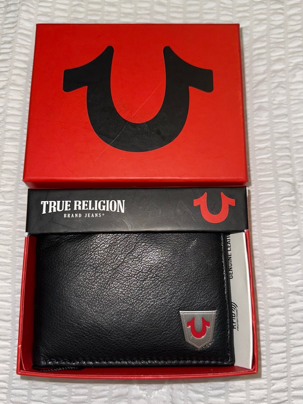True Religion Black Leather Money Clip Wallet with Red Logo Accent
